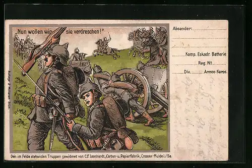 Lithographie Nun wollen wir sie verdreschen! - Soldaten beim Sturm