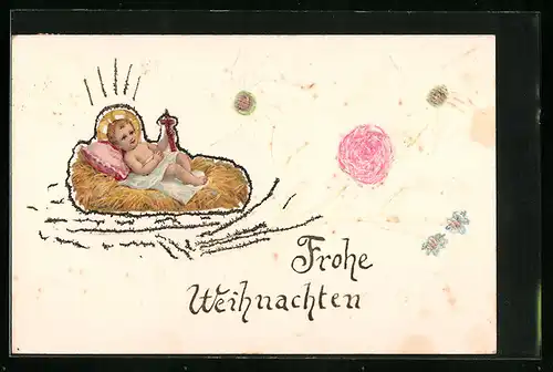 Papierkunst-AK Kind in der Krippe (aufgeklebtes Tauschbild) und Blumen - Weihnachtsgruss