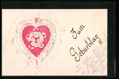Papierkunst-AK Schmuckvoll gestaltetes umrahmtes rotes Herz - Geburtstagsgruss
