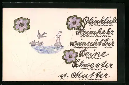 Papierkunst-AK Zeichnung mit Leuchtturm, Blüten mit Glitter - Glückwunschkarte