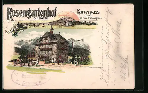 Lithographie Welschnofen, Gasthaus Rosengartenhof am Karrerpass