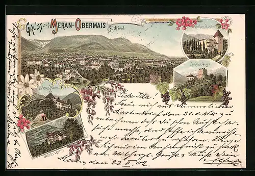 Lithographie Meran-Obermais, Totalansicht mit Schloss Goyen