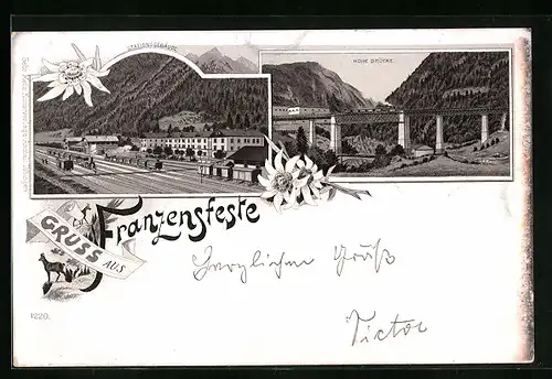 Lithographie Franzensfeste, Stationsgebäude und Hohe Brücke