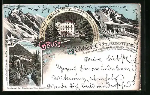 Lithographie Gomagoi a. d. Stilfserjochstrasse, Gasthof mit Ortlerspitze