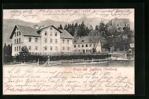 AK Jagdberg i. Vorarlberg, Gasthaus mit Ruine