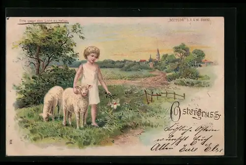 Lithographie Ostergrüsse eines blonden Jungen mit zwei Schafen, Halt gegen das Licht: Heiligenschein und Osterglocken