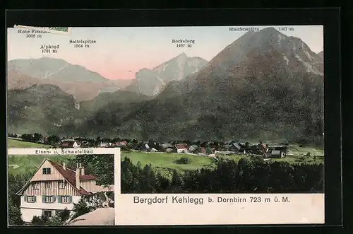 AK Kehlegg b. Dornbirn, Totalansicht mit Alpenpanorama, Eisen- und Schwefelbad