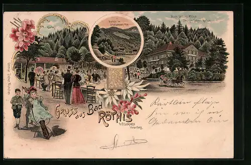 Lithographie Bad Röthis b. Feldberg, Bade-Anstalt-Röthis, Garten und Partie im Frödischbach-Thal