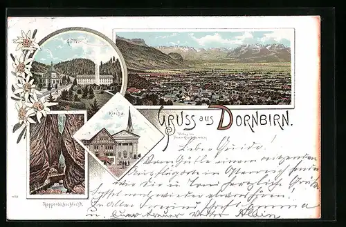 Lithographie Dornbirn, Gütle, Kirche, Rappenlochschlucht, Totalansicht