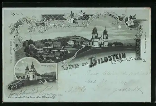 Mondschein-Lithographie Bildstein b. Bregenz, Wallfahrtskirche Maria Bildstein bei Schwarzach