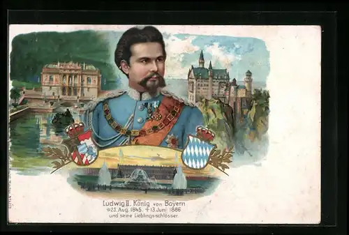 Lithographie König Ludwig II. von Bayern in Uniform und seine Lieblingsschlösser