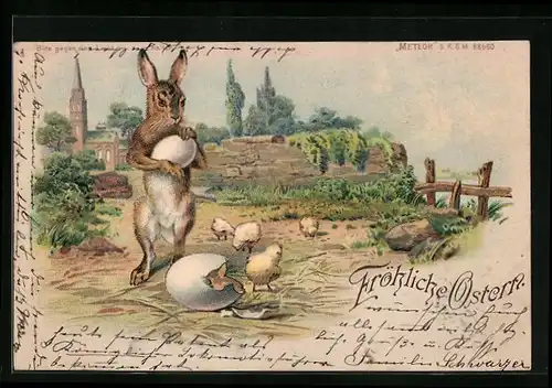 Lithographie Osterhase mit Ei und frisch geschlüpften Küken vor einer Kirche, Halt gegen das Licht