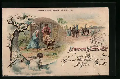 Lithographie Krippenbild mit Engel und Zug mit Heiligen Drei Königen - Weihnachtsgruss, Halt gegen das Licht