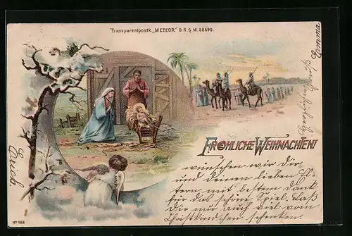 Lithographie Krippenbild mit Engelchen und Zug mit Heiligen Drei Königen - Weihnachtsgruss, Halt gegen das Licht