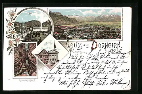 Lithographie Dornbirn, Totalansicht, Rappenlochschlucht, Kirche und Gütle