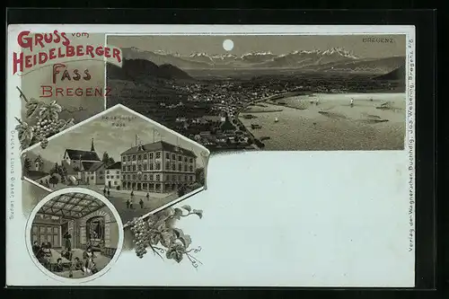 Mondschein-AK Bregenz, Gesamtansicht aus der Vogelschau, Gasthaus Heidelberger Fass - Gebäude, Innenansicht