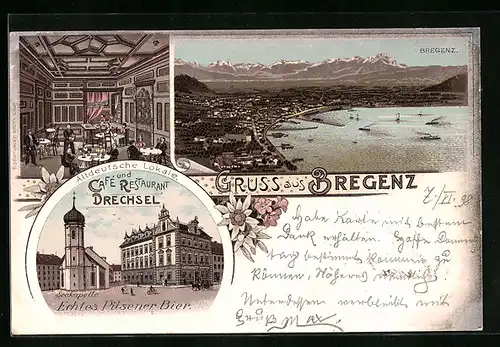 Lithographie Bregenz, Gesamtansicht aus der Vogelschau, Cafe und Restaurant Drechsel und Seekapelle, Innenansicht