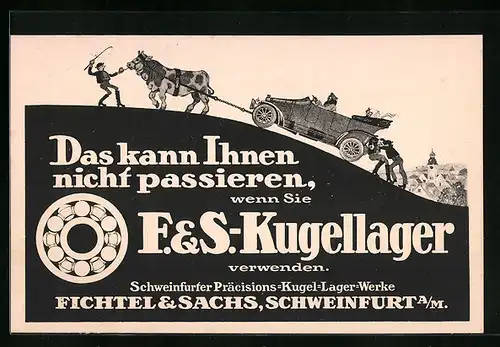 Künstler-AK Reklame Schweinfurt a. M., Fichtel & Sachs Kugellager - Autopanne am Berg