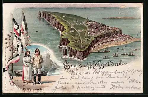 Lithographie Helgoland, Ortsansicht aus der Vogelschau, Helgoländer und Fahnen, Halt gegen das Licht