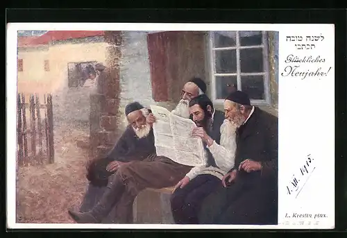 Künstler-AK Kippaträger beim Lesen einer Zeitung auf einer Bank am Haus - Jüdische Neujahrskarte