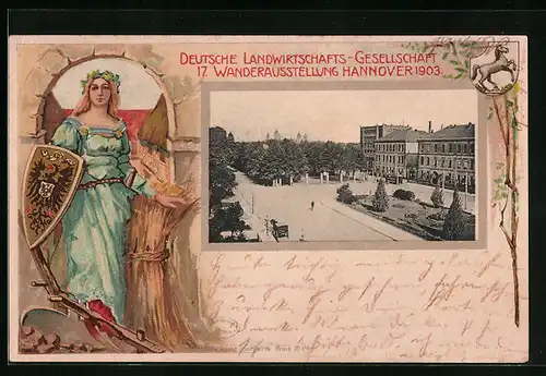 Passepartout-Lithographie Hannover, Ausstellung der Landwirtschafts-Gesellschaft 1903 - Strassenpartie, Figur mit Ähren