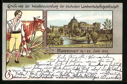 Passepartout-Lithographie Hannover, Ausstellung der Landwirtschafts-Gesellschaft 1903 - Schloss, Bauer mit Ochse