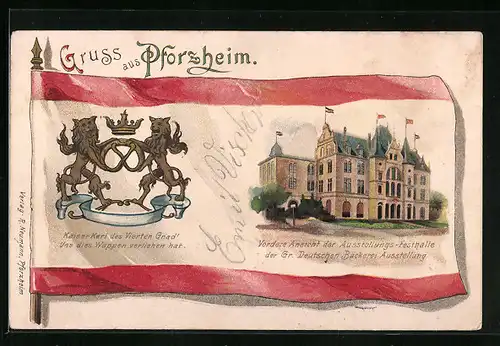 Lithographie Pforzheim, Deutsche Bäckerei-Ausstellung 1900 - Festhalle und Wappen auf Fahne, rückseitig Bäcker
