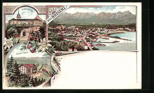 Lithographie Bregenz, Pfänder-Hotel, Gebhardsberg, Panorama