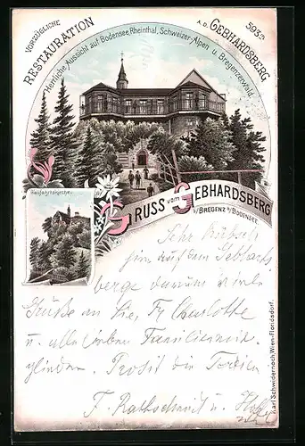 Lithographie Bregenz a. Bodensee, Restaurant auf dem Gebhardsberg, Wallfahrtskirche