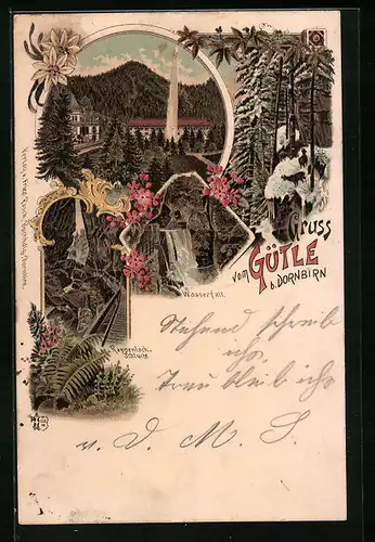 Lithographie Dornbirn, Gasthaus Gütle, Rappenloch-Schlucht, Wasserfall