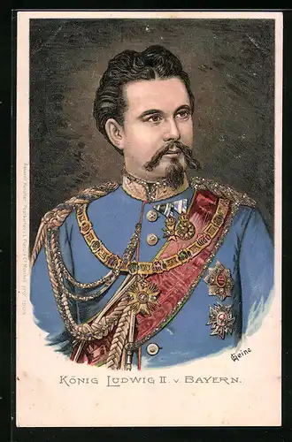 Lithographie König Ludwig II. von Bayern in Gala-Uniform