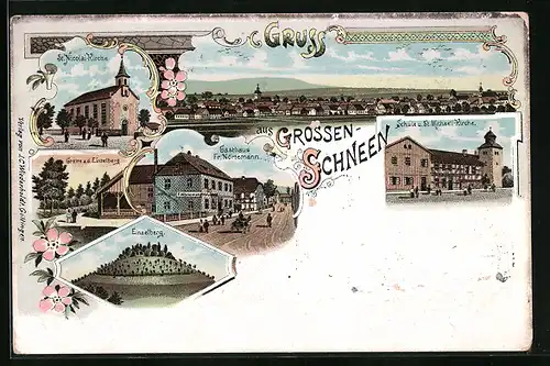 Lithographie Schneen / Friedland, Gasthaus Fr. Nörtemann, Schule und St. Michael-Kirche