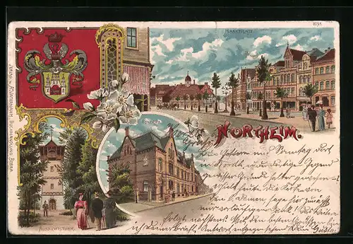 Lithographie Northeim, Postamt, Aussichtsturm, Marktplatz