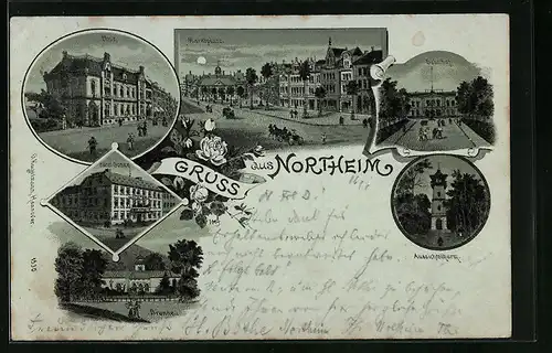 Mondschein-Lithographie Northeim, Hotel Sonne, Bahnhof, Marktplatz