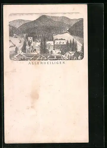 Lithographie Allerheiligen, Teilansicht mit Kirchruine aus der Vogelschau