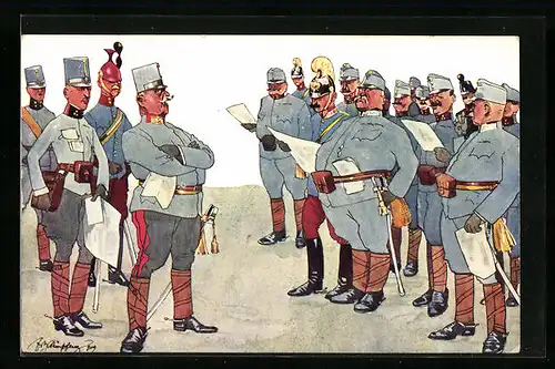 Künstler-AK Fritz Schönpflug: Alte Reservisten beim Disziplinierungsversuch, Soldatenhumor