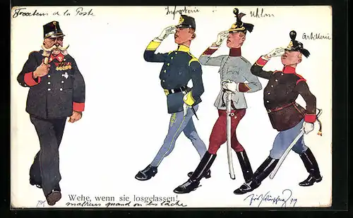 Künstler-AK Fritz Schönpflug: Wehe, wenn sie losgelassen!, Soldatenhumor