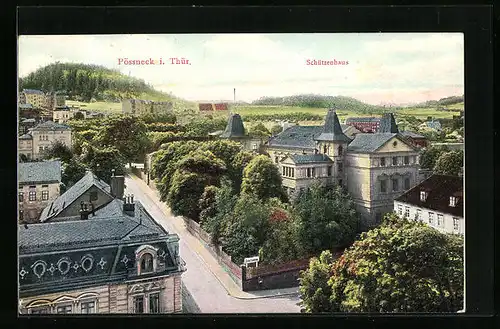 AK Pössneck i. Thür., Gasthof Schützenhaus aus der Vogelschau