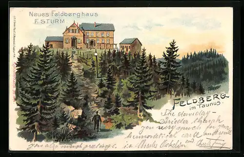 Lithographie Feldberg i. T., Neues Feldberghaus von F. Sturm in Waldlandschaft