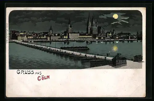 Mondschein-Lithographie Köln a. Rh., Totalansicht von der Rheinseite