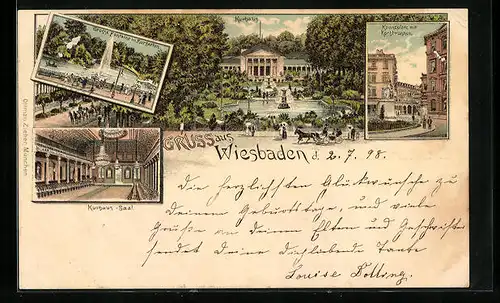 Lithographie Wiesbaden, Grosse Fontaine im Kurgarten, Kurhaus-Saal, Kranzplatz mit Kochbrunnen