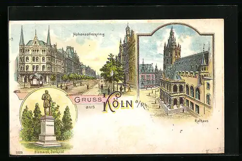 Lithographie Köln a. Rh., Hohenzollernring mit Rathaus
