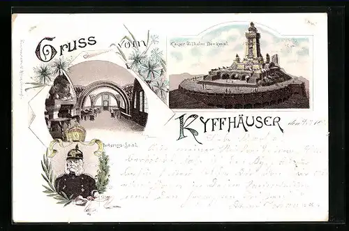 Lithographie Kyffhäuser, Kaiser Wilhelm Denkmal mit Barbarossa-Saal