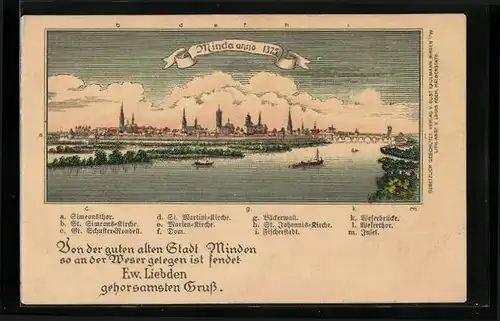 Lithographie Minden, Totalansicht anno 1375