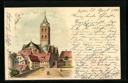 Lithographie Minden, Ortsansicht mit Marienkirche
