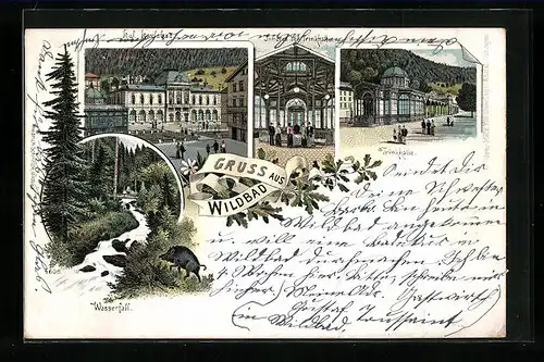 Lithographie Wildbad, Trinkhalle, Innenansicht, Wasserfall