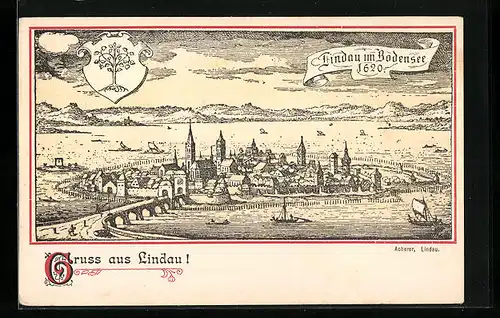 Lithographie Lindau im Bodensee, Teilansicht 1620