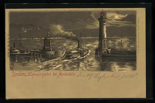 Lithographie Lindau, Hafeneinfahrt mit Dampfer und Leuchtturm bei Mondschein