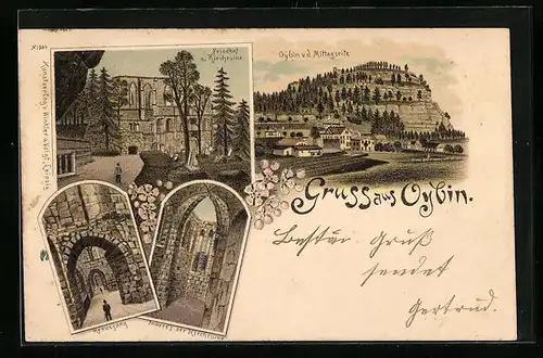 Vorläufer-Lithographie Oybin, 1893, Friedhof u. Kirchruine, Inneres der Kirchruine, Kreuzgang