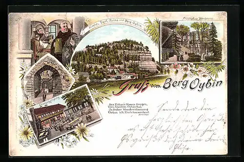 Lithographie Oybin, Friedhof und Kirchruine, Kreuzgang, Gesellschaftsplatz